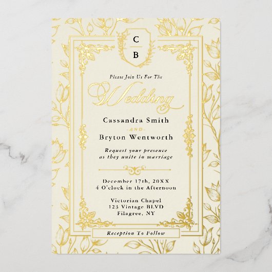 Antique Floral Monogram Crest Gold Frame Wedding 箔招待状 (正面)