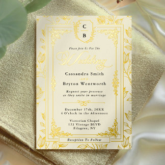 Antique Floral Monogram Crest Gold Frame Wedding 箔招待状