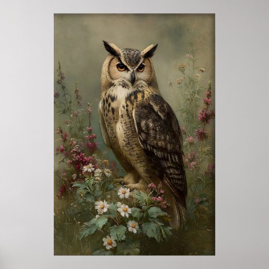 Antique Flower Owl Print, Moody Bird Botanical Cot ポスター (正面)