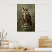 Antique Flower Owl Print, Moody Bird Botanical Cot ポスター (キッチン)