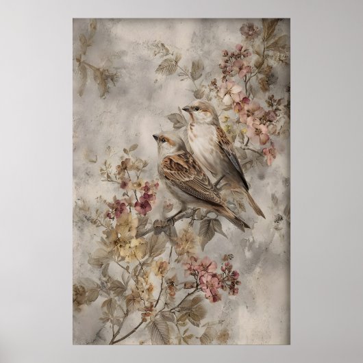 Antique Flowers Sparrows Print, Vintage Sparrow ポスター (正面)