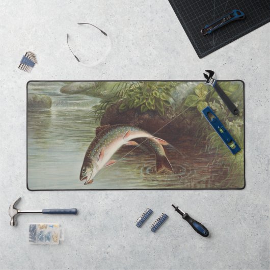 Antique Fly Fishing Leaping Brook Trout Print デスクマット (ワークステーション)