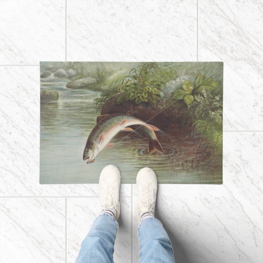Antique Fly Fishing Leaping Brook Trout Print ドアマット (室内)