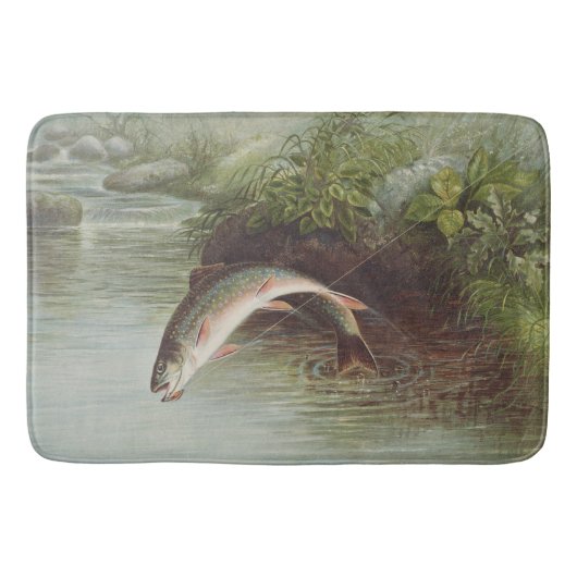 Antique Fly Fishing Leaping Brook Trout Print バスマット (正面)