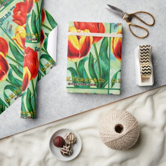 Antique Garden Advertisement, Yellow Red Tulips ラッピングペーパー (クラフト)