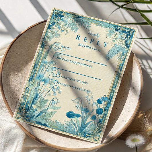 Antique Garden Blue Flower Wedding 出欠カード