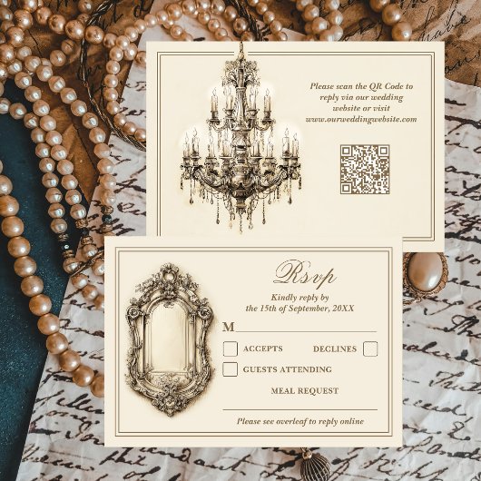 Antique Gilded Age Ivory Timeless QR Code Wedding 出欠カード