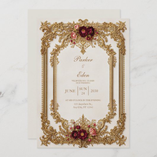 Antique Gilded Burgundy Bloom Formal Wedding 招待状 (正面/裏面)