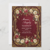 Antique Gilded Burgundy Floral Formal Wedding 招待状 (正面)
