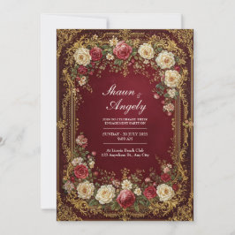 Antique Gilded Burgundy Floral Formal Wedding 招待状