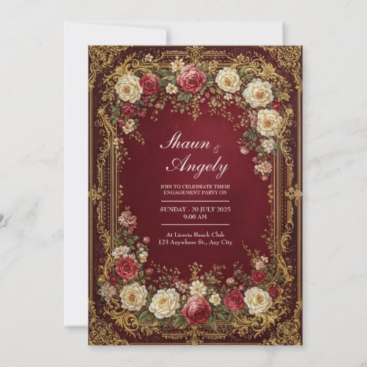 Antique Gilded Burgundy Floral Formal Wedding 招待状 (正面)
