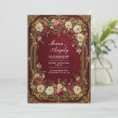 Antique Gilded Burgundy Floral Formal Wedding 招待状 (スタンド正面)