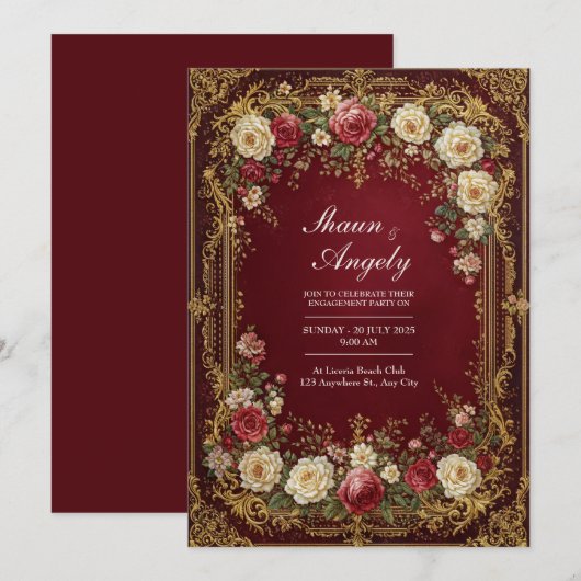 Antique Gilded Burgundy Floral Formal Wedding 招待状 (正面/裏面)