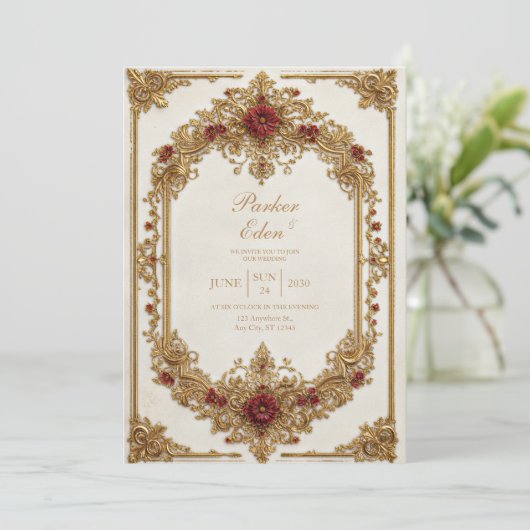 Antique Gilded Burgundy Floral Formal Wedding 招待状 (スタンド正面)