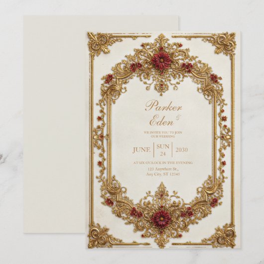 Antique Gilded Burgundy Floral Formal Wedding 招待状 (正面/裏面)