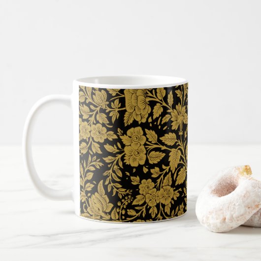 Antique Gold Floral Indian Lac-work Black Pattern コーヒーマグカップ (ドーナツ)