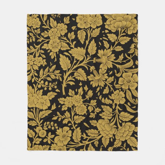 Antique Gold Floral Indian Lac-work Black Pattern フリースブランケット (正面)