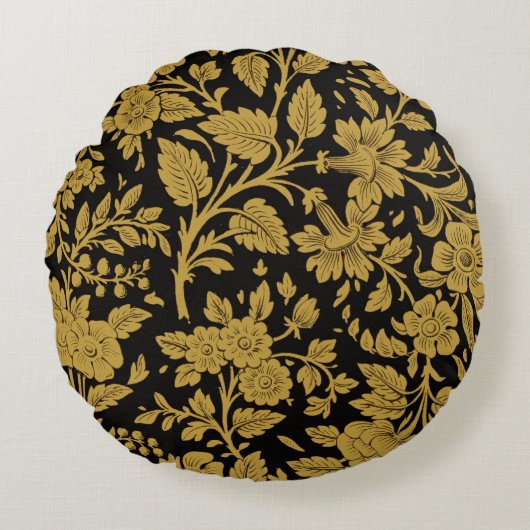 Antique Gold Floral Indian Lac-work Black Pattern ラウンドクッション (正面)