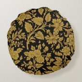 Antique Gold Floral Indian Lac-work Black Pattern ラウンドクッション (裏面)