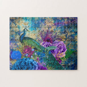 Antique Illustrated Peacock & Flowers Grunge ジグソーパズル