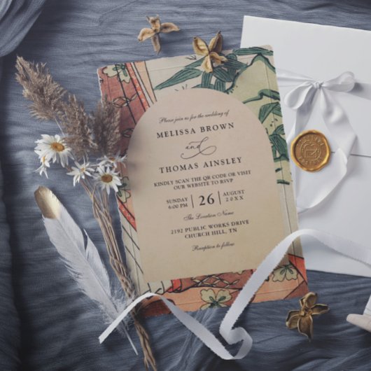 Antique Japanese Kimono Bamboo QR Code Wedding 招待状