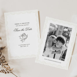 Antique Lace Border Vintage Cherub Wedding Photo セーブザデート