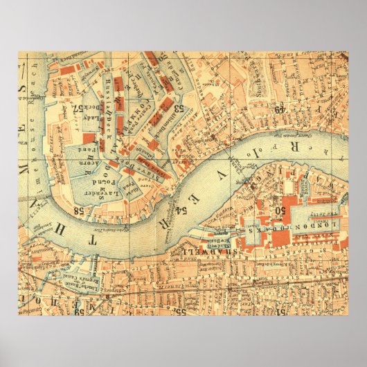Antique London map River Thames old vintage ポスター (正面)