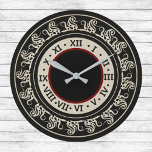 Antique Look Black and Ecru with Burgundy ラージ壁時計<br><div class="desc">This antique looking design features black Medieval-looking scrollwork with Roman numerals. The vintage looking design is predominately black and ecru,  with a thin ring of burgundy around the center of the clock face.</div>