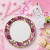 Antique Magenta & Pink Victorian Garden Roses Gold ペーパープレート (パーティー)