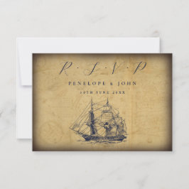 Antique Map Nautical Ship Illustration Wedding 出欠カード