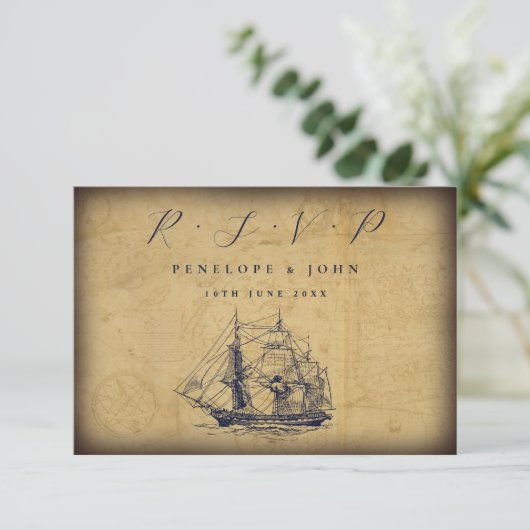 Antique Map Nautical Ship Illustration Wedding 出欠カード (スタンド正面)