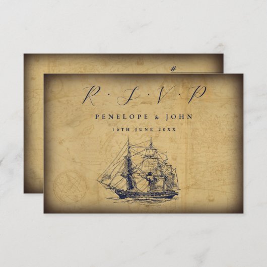 Antique Map Nautical Ship Illustration Wedding 出欠カード (正面/裏面)