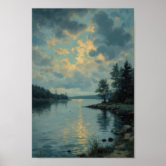 Antique Moody Lake Landscape Wall Art ポスター (正面)