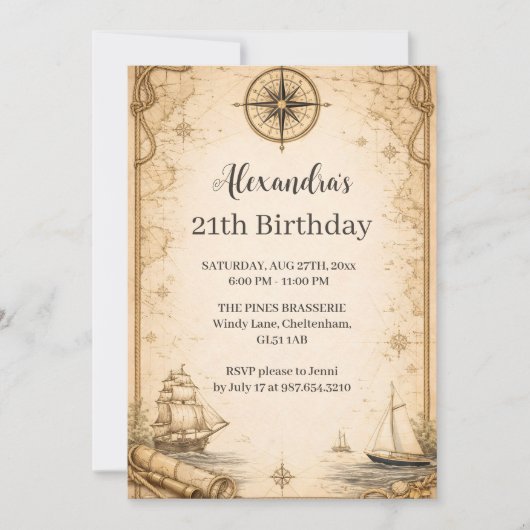 Antique Nautical Map Birthday 招待状 (正面)