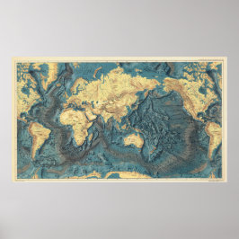 Antique Ocean Relief World Map: Yellow Continents  ポスター
