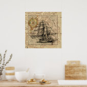 Antique Old General France Map & Ship ポスター (キッチン)