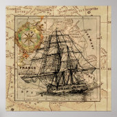 Antique Old General France Map & Ship ポスター (正面)