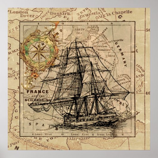 Antique Old General France Map & Ship ポスター (正面)