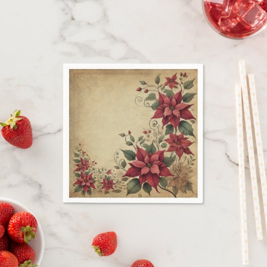 Antique Parchment Poinsettia Border Découpage スタンダードカクテルナプキン (インサイチュ)