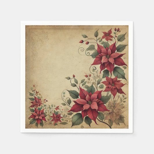 Antique Parchment Poinsettia Border Découpage スタンダードカクテルナプキン (正面)