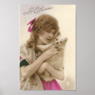 Antique Photo Victorian Woman and Dog ポスター