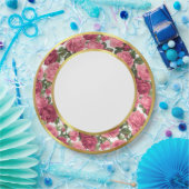 Antique Pink & Dk Pink Victorian Garden Roses Gold ペーパープレート (パーティー)