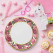 Antique Pink & Dk Pink Victorian Garden Roses Gold ペーパープレート (パーティー)