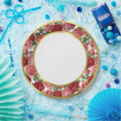 Antique Pink & Red Victorian Garden Roses Gold Rim ペーパープレート (パーティー)