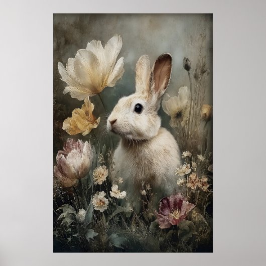 Antique Rabbit Bunny Flower Print, Easter ポスター (正面)