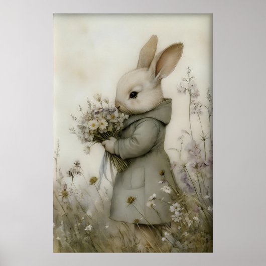 Antique Rabbit Flowers Print, Easter Bunny ポスター (正面)
