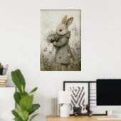 Antique Rabbit Flowers Print, Easter Bunny ポスター (ホームオフィス)