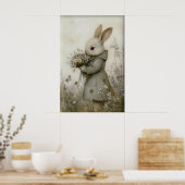 Antique Rabbit Flowers Print, Easter Bunny ポスター (キッチン)