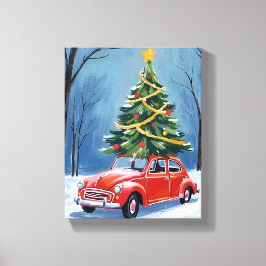 Antique Red Car Christmas Tree キャンバスプリント (正面)