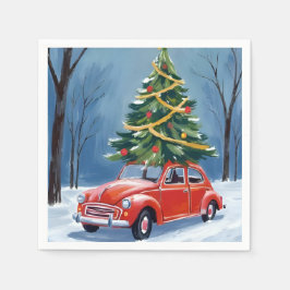 Antique Red Car Christmas Tree Holiday スタンダードカクテルナプキン